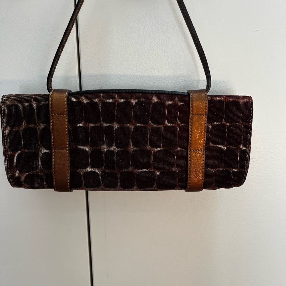 Donald Pliner Sparkly Burgundy & Gold Patterned Clutch w/ Brown Leather Straps